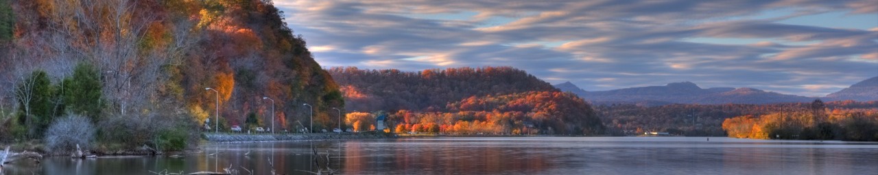 Melton Hill Lake at Oak Ridge in autumn, ridges reflected in still water